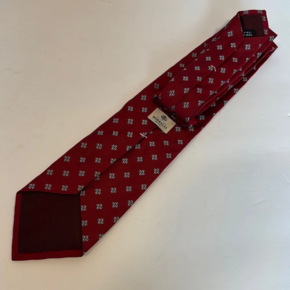 LUIGI BORRELLI NAPOLI Silk Red Tie with Blue & Tan Accents 58'